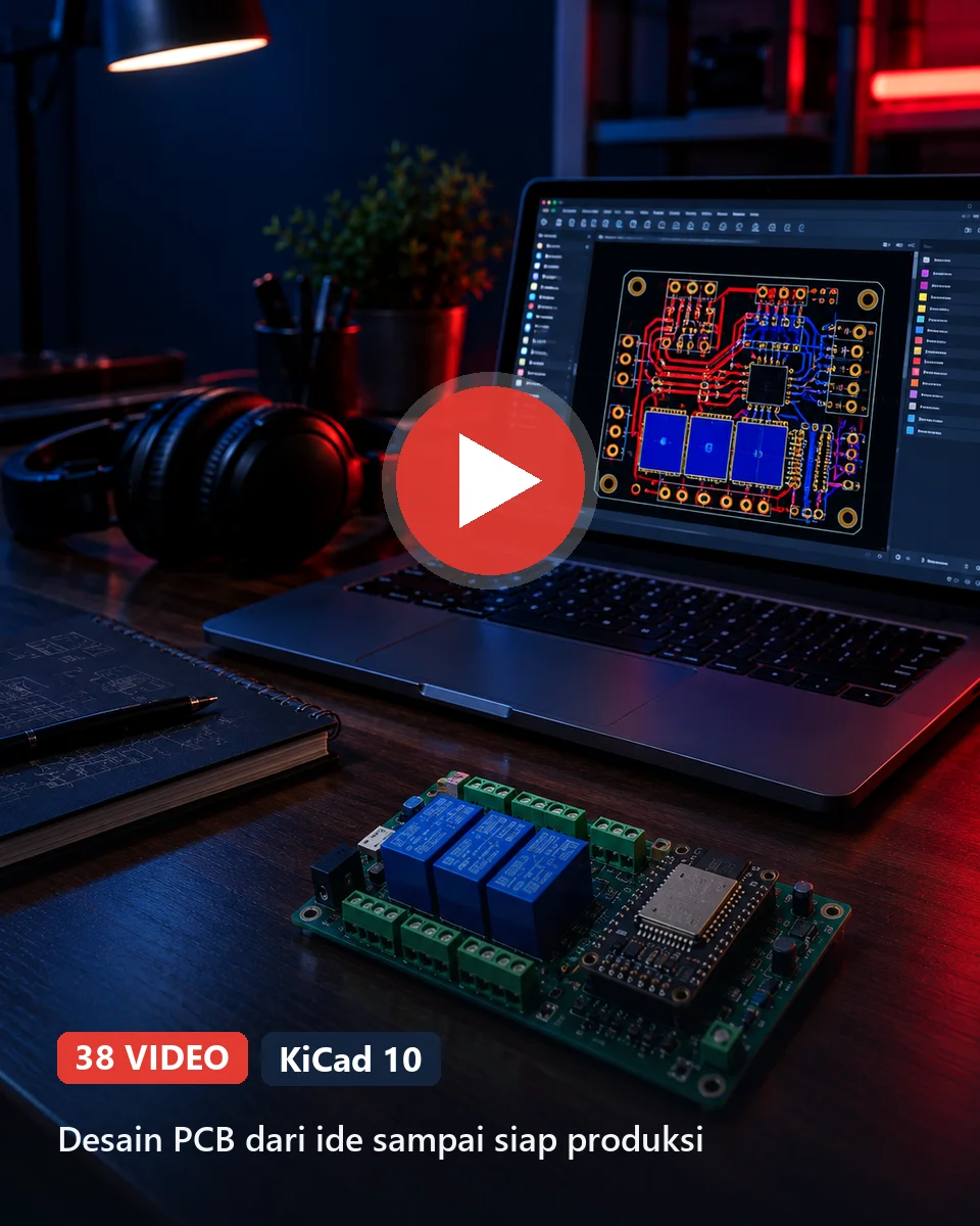 Board ESP32 + relay hasil produksi di depan desainnya di KiCad