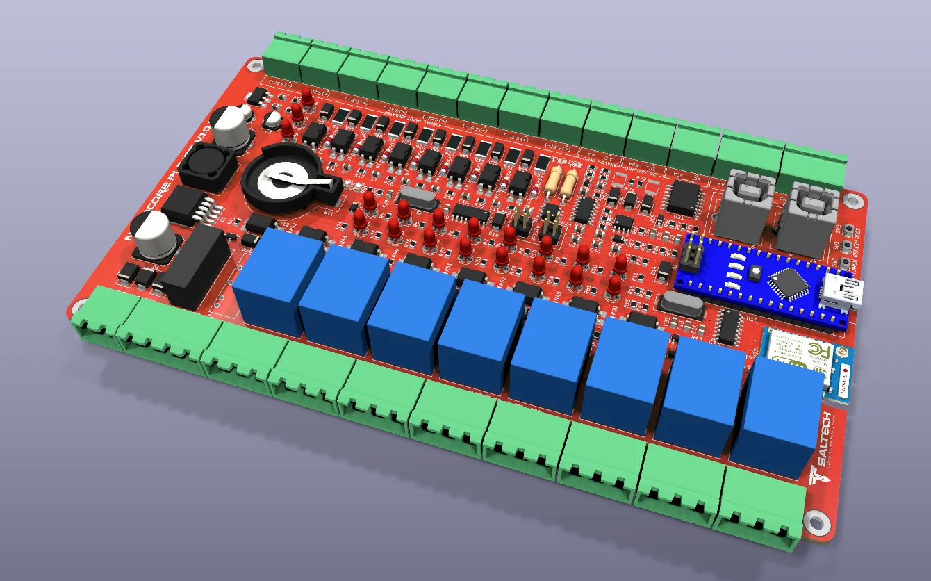 Render 3D desain PCB Nanocore PLC IoT dengan 8 relay